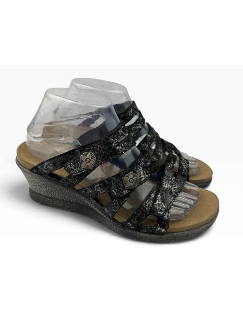 -Romika Wedge Sandals Womens Size 39 Black Comfort Strappy Hook & Loop Metallic